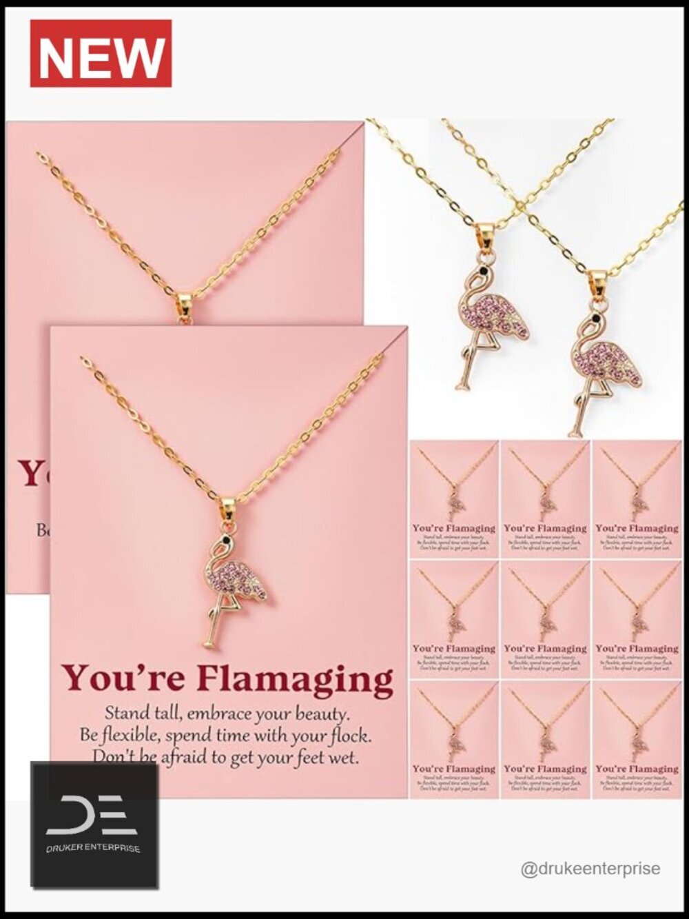 12 Pcs Alloy Flamingo Pendant Necklace Set with Inspirational Cards